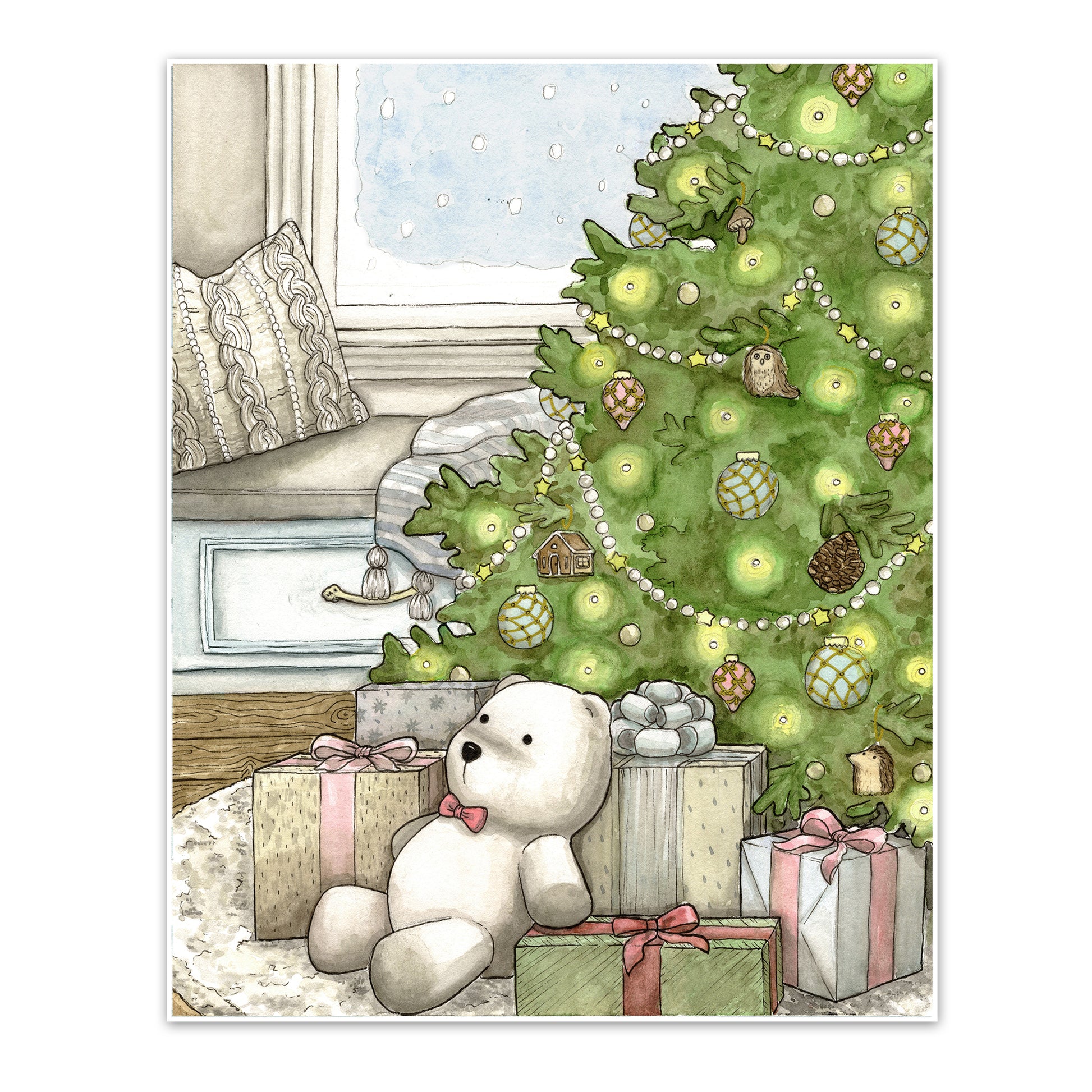 Art print with lush Christmas tree with presents under the tree and a polar bear stuffed animal. A knit pillow and blanket sit in the background on a bench looking out a snowy window.