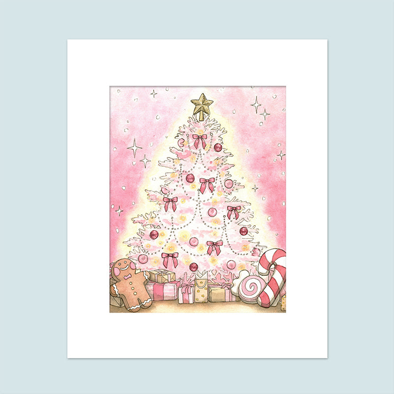 Original watercolor painting of a pink Christmas tree with a pink background.