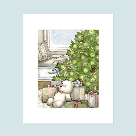 Matted watercolor painting of a Christmas tree with presents and a polar bear stuffed animal.