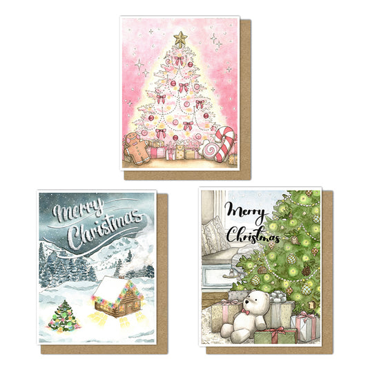 Three Christmas card designs of the prink Christmas tree, a cabin in the snow with Christmas lights, and a lush Christmas tree with presents underneath and a stuffed teddy bear.