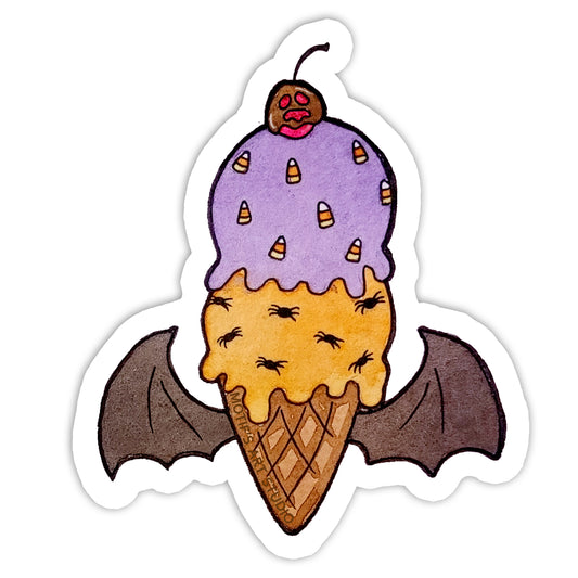 A sticker of a Halloween themed ice cream cone with bat wings and a screaming chocolate covered cherry on top.