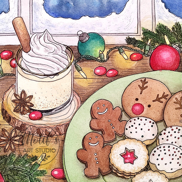 "Spiced Eggnog and Cookies" Watercolor Painting