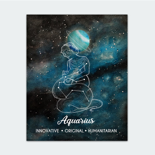 Art print with blue galaxy and a greek woman pouring water representing the Aquarius astrological sign. There is also the planet Neptune and aquarius constellation.