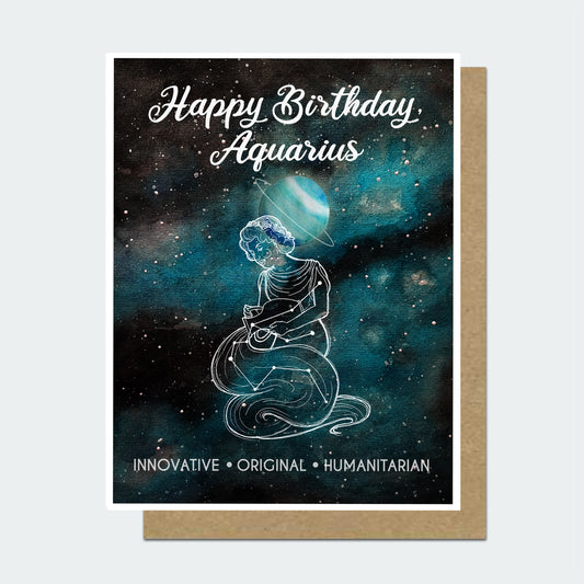 Greeting card with blue galaxy and a greek woman pouring water representing the Aquarius astrological sign. There is also the planet Neptune and aquarius constellation.