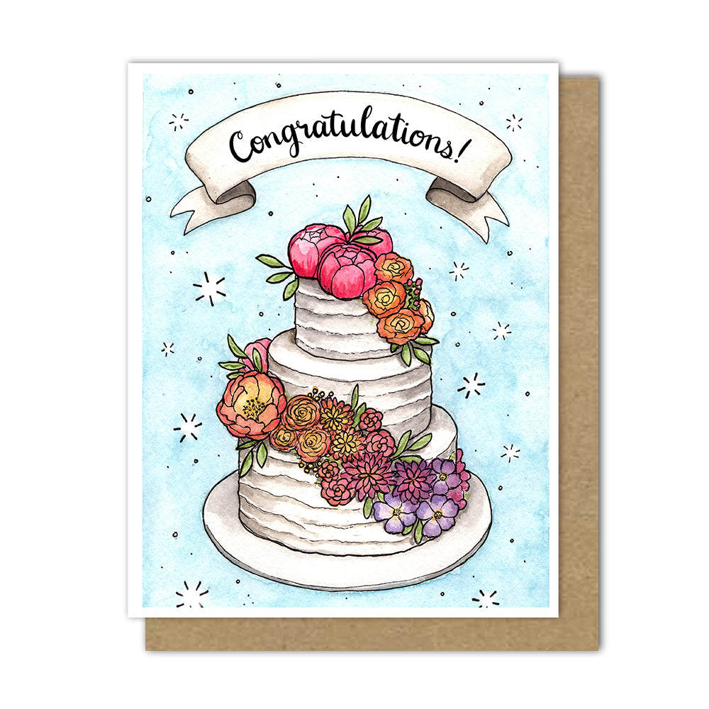 Rainbow Floral Wedding Cake Cake Greeting Card (English/Spanish)