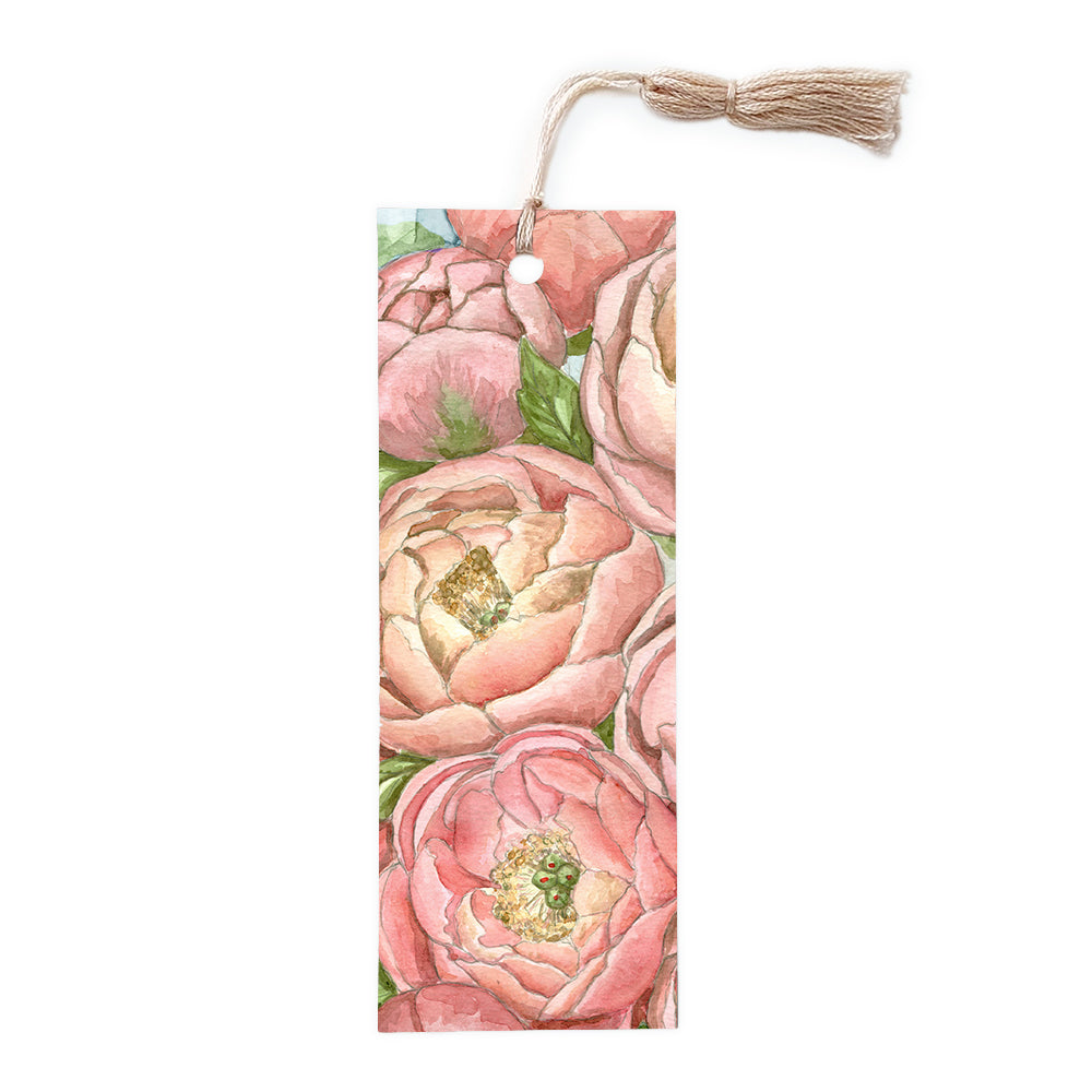 Handmade bookmark of pink peonies with a neutral tassel